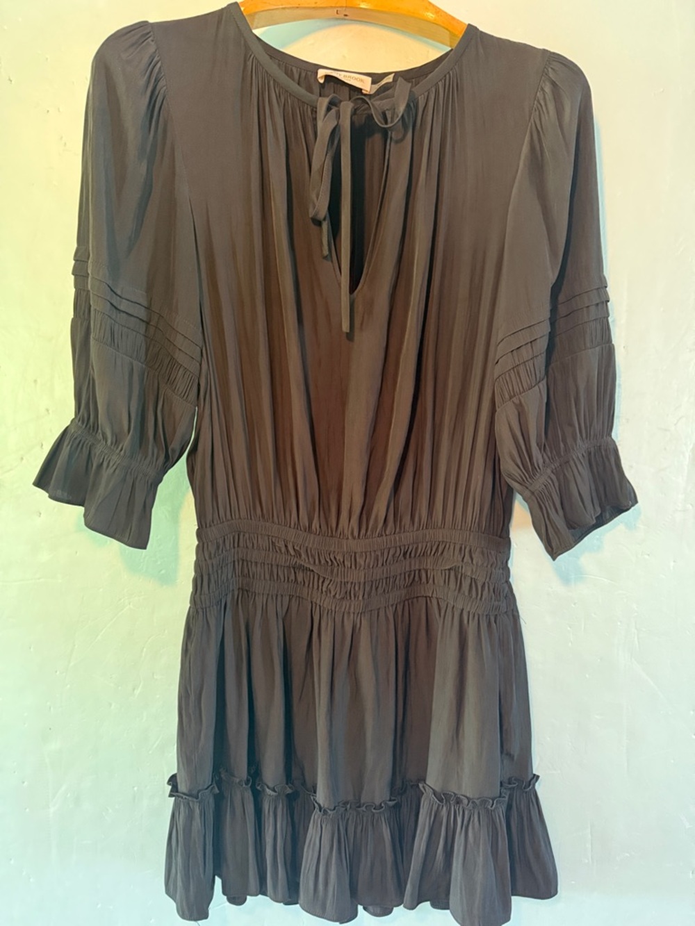 RAMY BROOK Black Dress Sz L Drop Waist Ruffle Hem Tie Neck Modern Elegance - Picture 2 of 16